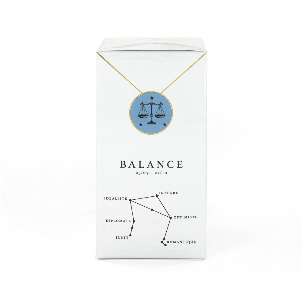 L'eau de parfum de 100ml et son collier Balance par Astrodisiac - Designer Claire Naa : Créatrice de bijoux sur les signes du zodiaque à Paris